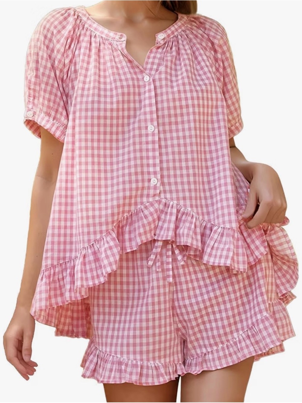 NWT Gingham Ruffle Two-Piece Pajama Set - Pink